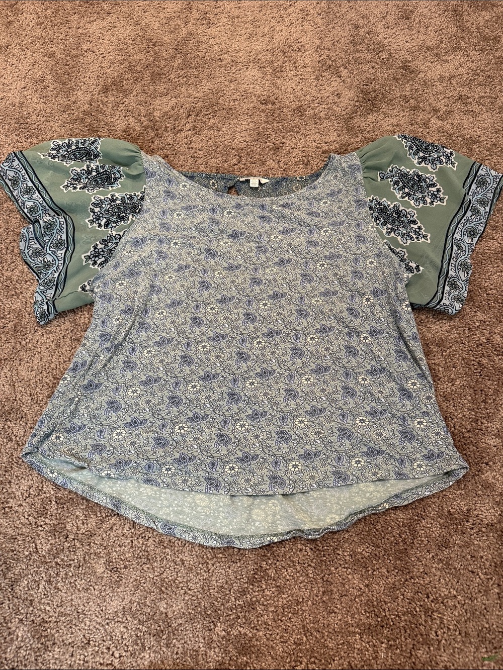 Lucky Brand Blue Paisley Mixed-Sleeve Flutter Top